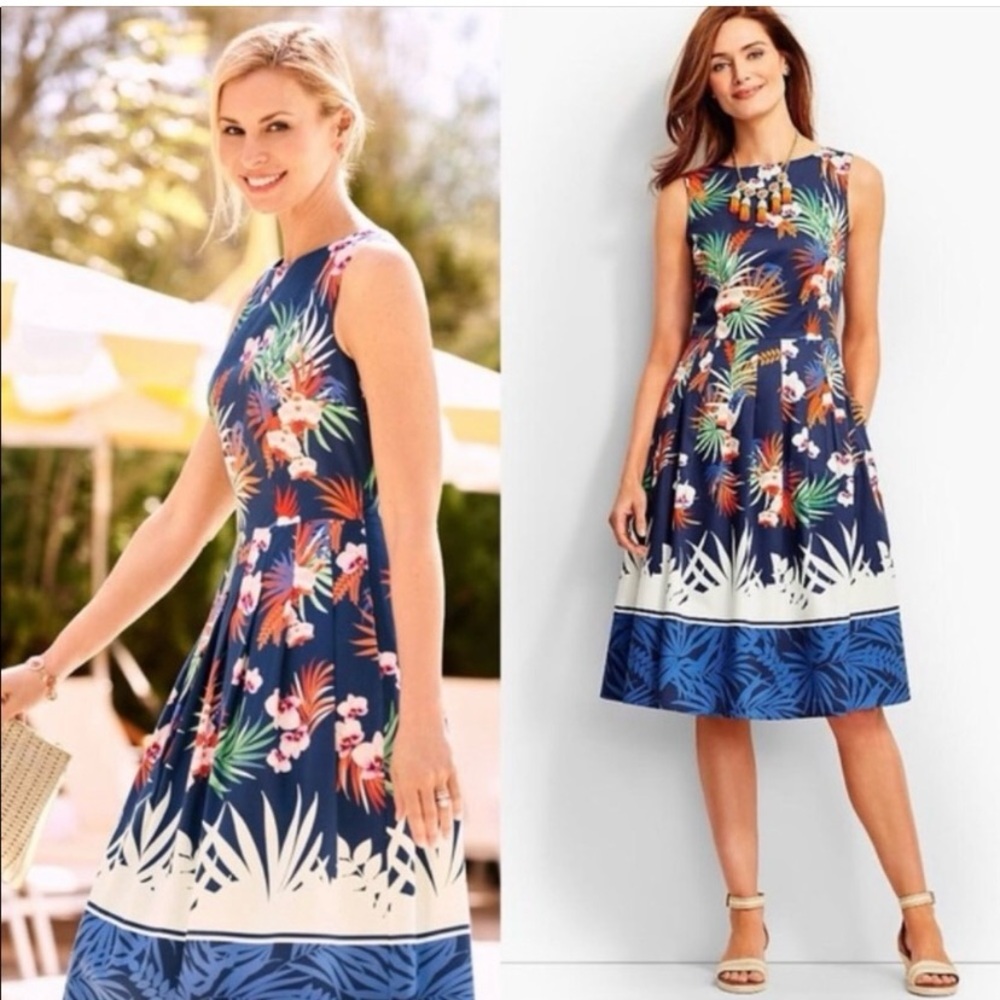 Talbots Orchid Print, Lined, Midi Dress w/pockets in Navy Blue print - Size 10